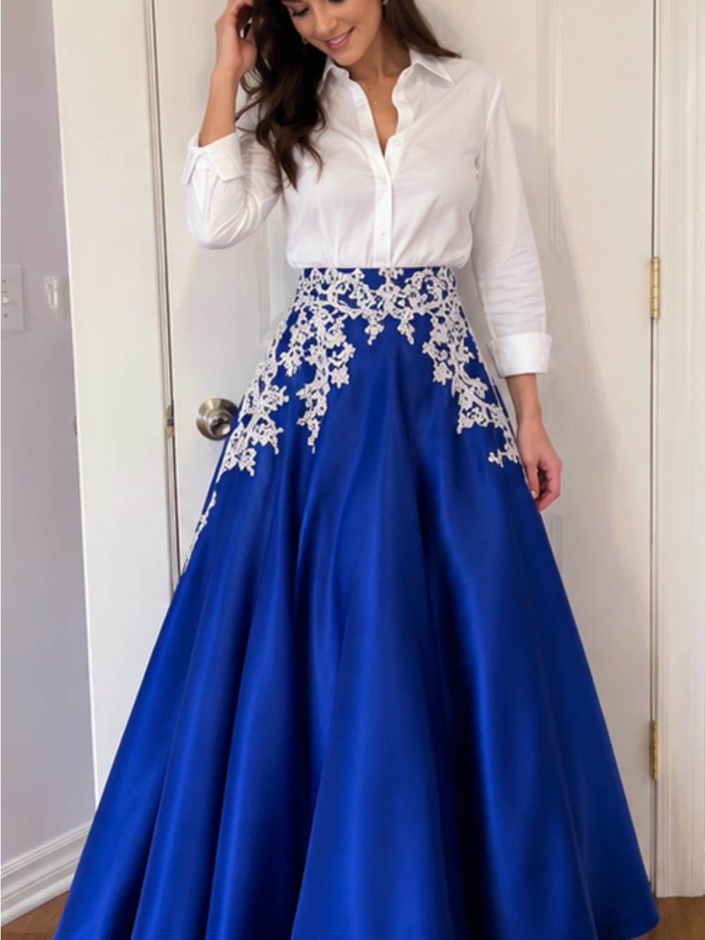 Stunning Royal Blue Maxi Skirt with White Lace Appliqué